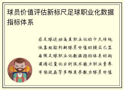 球员价值评估新标尺足球职业化数据指标体系