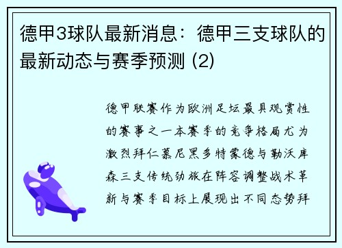 德甲3球队最新消息：德甲三支球队的最新动态与赛季预测 (2)